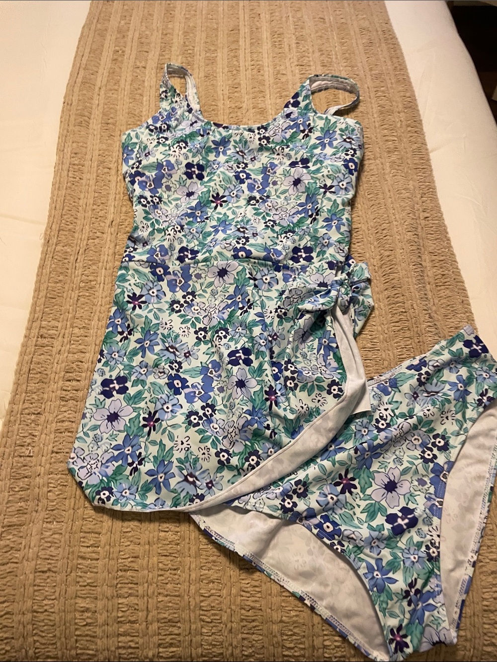 Floral Blue & Green One-Piece Swim Dress with Tie Waist